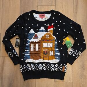 Tipsy Elves Light Up Ugly Christmas Sweater with Santa In Chimney Cabin Design M